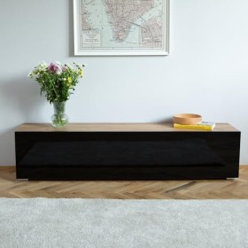 Platan Room - Meuble TV bas - Suspendu ou posé - 105/140/160/210/280 - En blanc 140 x 30 x 32&nbsp;cm, chêne doré/noir brillant 