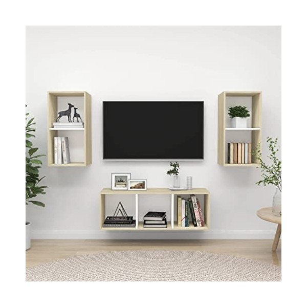 Ensemble de Meuble TV 3 pcs Blanc et chêne Sonoma Aggloméré - Meuble télé, Meuble TV Industriel, Meuble Chambre, Convient pou