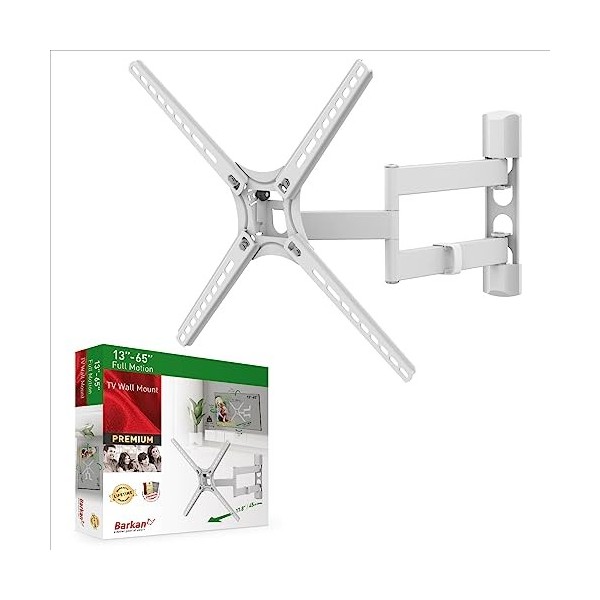 Barkan Blanc Support TV Mural pour écrans 13-65 Pouces, Inclinable et orientable, Mouvement Complet, Plats & incurvés ecran, 