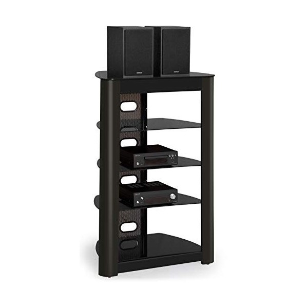 Centurion prend en charge le support Zinnia à 5 tablettes, noir brillant, avec support en verre pour téléviseur à écran plat