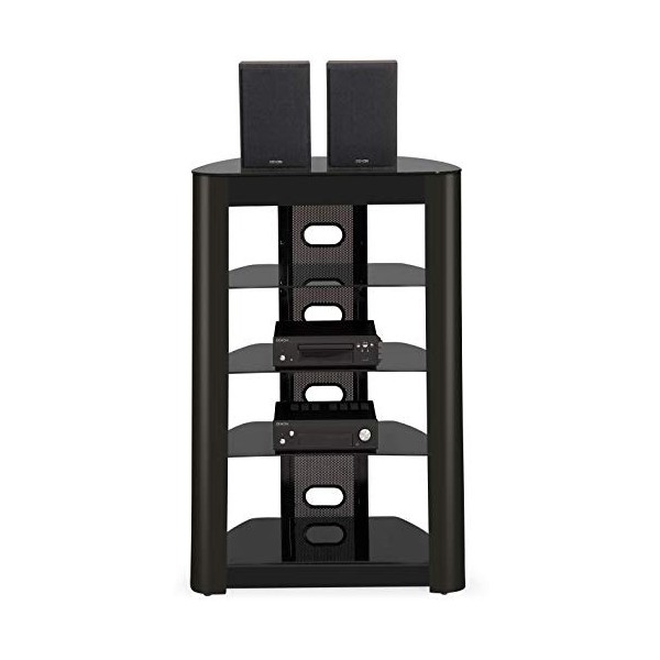 Centurion prend en charge le support Zinnia à 5 tablettes, noir brillant, avec support en verre pour téléviseur à écran plat