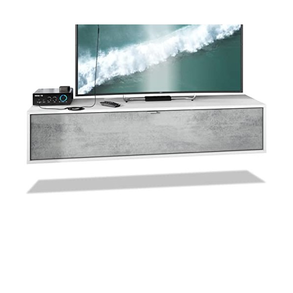 Vladon Meuble TV Lana 140 Armoire Murale lowboard 140 x 29 x 37 cm, Caisson en Blanc Mat, façades en Aspect Béton Oxyde | Gra