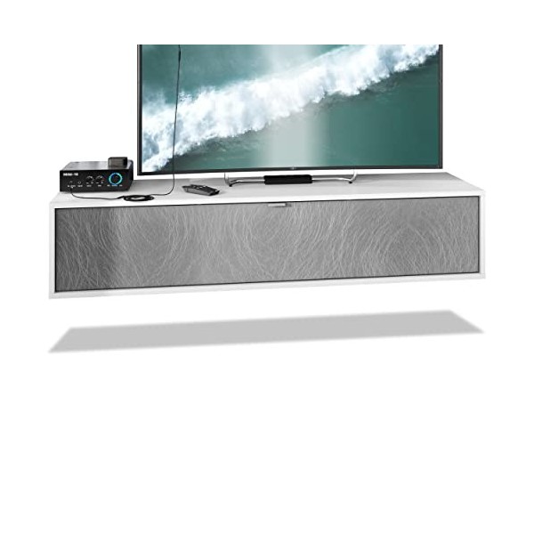 Vladon Meuble TV Lana 140 Armoire Murale lowboard 140 x 29 x 37 cm, Caisson en Blanc Mat, façades en Aspect Béton Oxyde | Gra