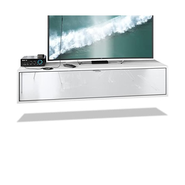 Vladon Meuble TV Lana 140 Armoire Murale lowboard 140 x 29 x 37 cm, Caisson en Blanc Mat, façades en Aspect Béton Oxyde | Gra