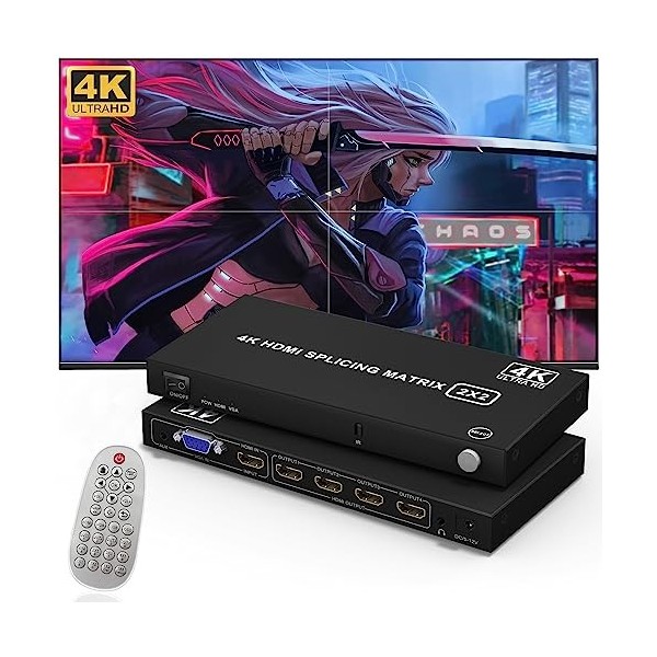 Contrôleur mural vidéo 2 x 2 4 K HDMI - Processeur mural TV - Contrôleur daffichage multi-écrans avec télécommande pour 4 éc