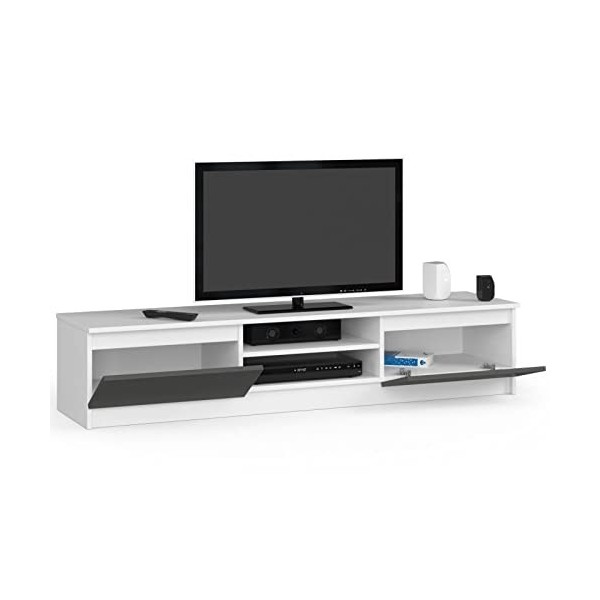 ADGO RTV K160 CLP Meuble TV avec 2 placards et 2 étagères 160 x 33 x 40 cm Blanc / Gris