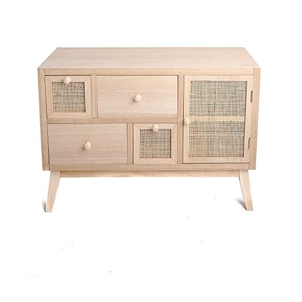 Intempora - Meuble TV, Banc TV Bois Clair 1 Porte et 4 Tiroirs De Rangement Cannage Naturel 80x30x57CM