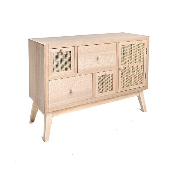 Intempora - Meuble TV, Banc TV Bois Clair 1 Porte et 4 Tiroirs De Rangement Cannage Naturel 80x30x57CM