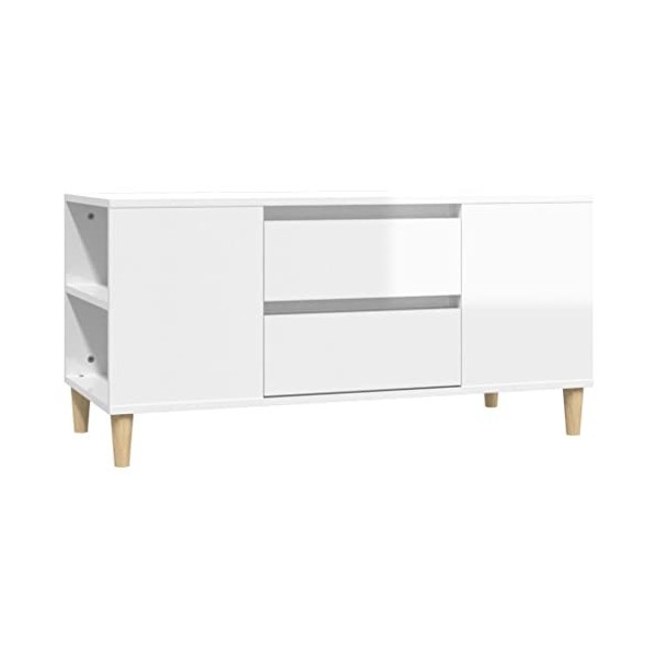 Metrile Meuble TV, blanc brillant, 102 x 44,5 x 50 cm, matériau du bois et eucalyptus, meuble bas, pour salon, meuble TV, buf
