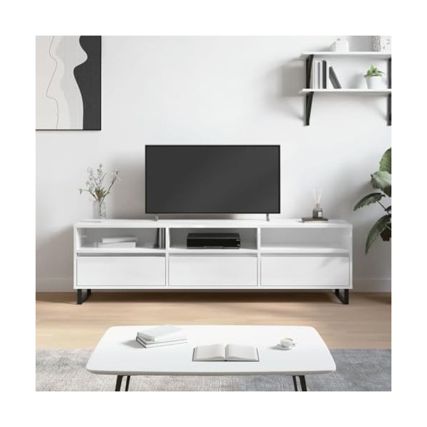 ARKEM Meuble TV Blanc Brillant 150x30x44,5 cm Bois dingénierie,Meuble TV,Table TV,Ensemble Meuble TV