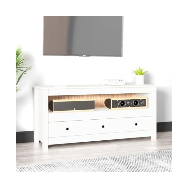 FAMIROSA Meuble TV Blanc 114x35x52 cm Bois de pin Massif 15.8KG 