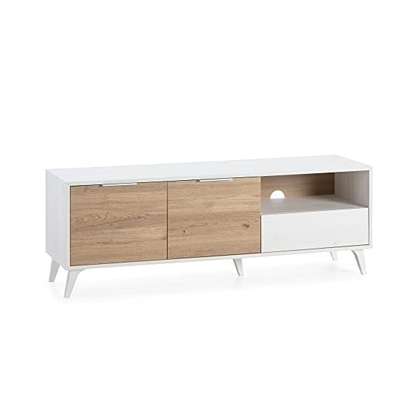 VS Venta-stock Meuble TV Koln 2 Portes et 1 tiroir,Couleur Blanc brossée et Bois 136,5 cm Largeur 40 cm Profondeur 48,5 