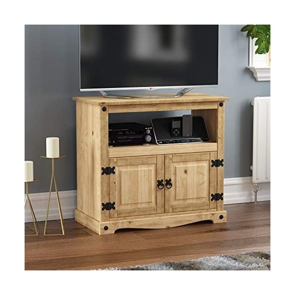 Marque Amazon - Movian Corona Meuble télé droit, avec étagère et espace de rangement, pin massif, Marron, 77,5L x 40W x 70H c