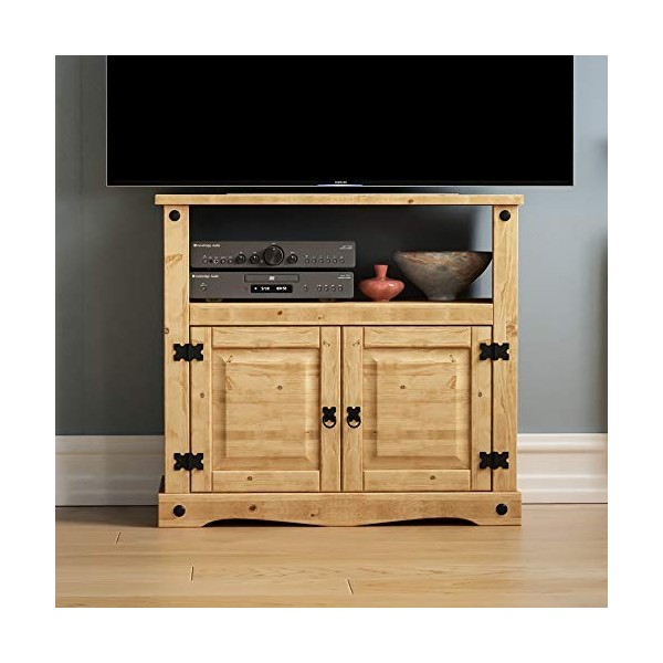 Marque Amazon - Movian Corona Meuble télé droit, avec étagère et espace de rangement, pin massif, Marron, 77,5L x 40W x 70H c