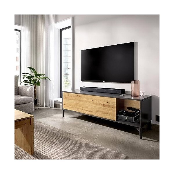 Dmora Meuble TV Olimpo, Bas, Buffet de Salon pour télévision, 132 x 39 x 44 cm, chêne Noeuds et Anthracite, Acrylonitrile but