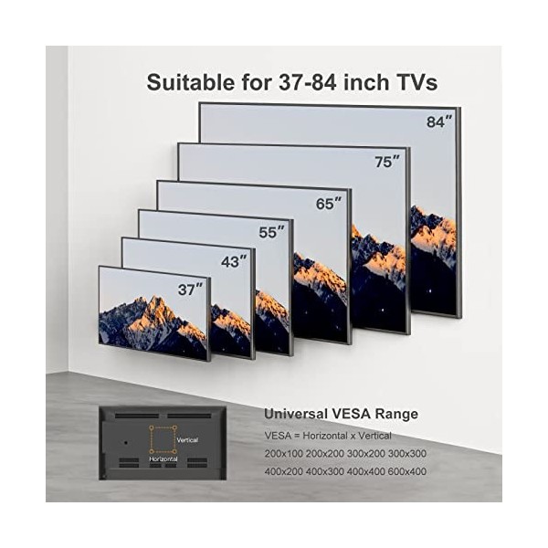Perlegear Support Mural TV pour écrans 37-84 Pouces Jusquà 60KG, Fixation TV Murale Inclinable et Orientable Max. VESA 600x4