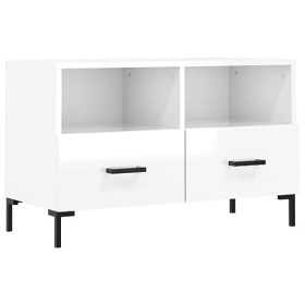 Hovothy Meuble TV Blanc Brillant 80x36x50 cm Bois dingénierie Meuble de Salon Pieds en Fer Style Calme Décoration Intérieur 