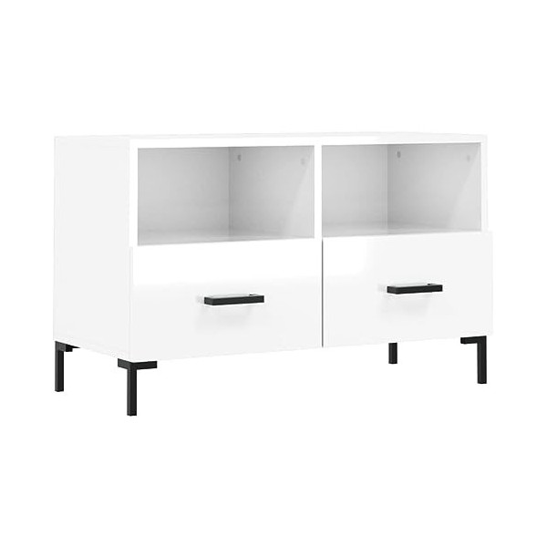 Hovothy Meuble TV Blanc Brillant 80x36x50 cm Bois dingénierie Meuble de Salon Pieds en Fer Style Calme Décoration Intérieur 