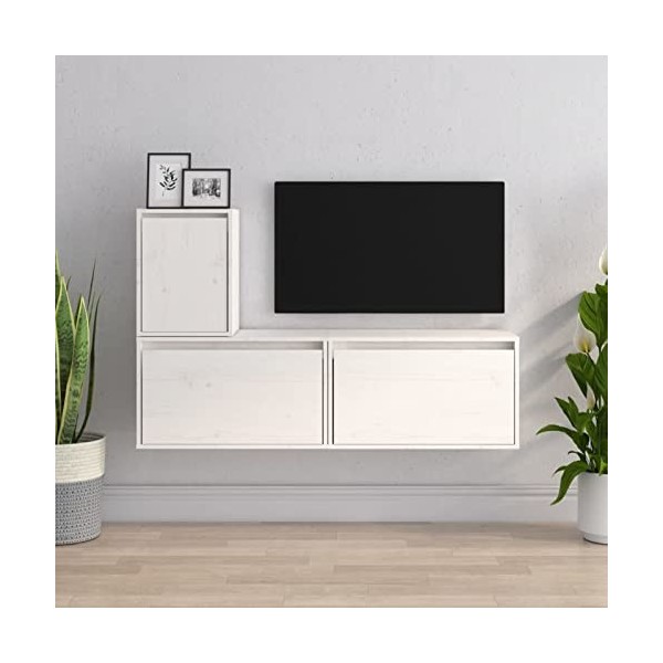 LAPOOH Meubles TV 3 pcs Blanc Bois Massif de pin,Meuble TV,Table Basse Salon Meuble TV,Table Basse LED Couleurs