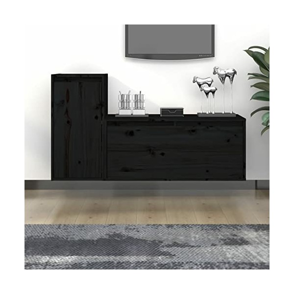 Camerina Meubles TV 2 pcs Noir Bois Massif de pin,Meuble TV,Meuble TV Moderne,Meuble de Salon