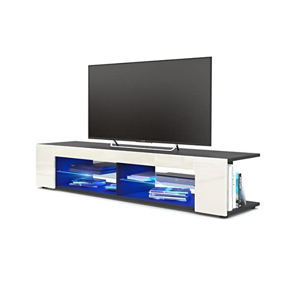 Vladon Buffet Bas Movie, Meuble TV avec 4 Compartiments Ouverts et placages décoratifs, Noir Mat/Bordeaux Haute Brillance 13