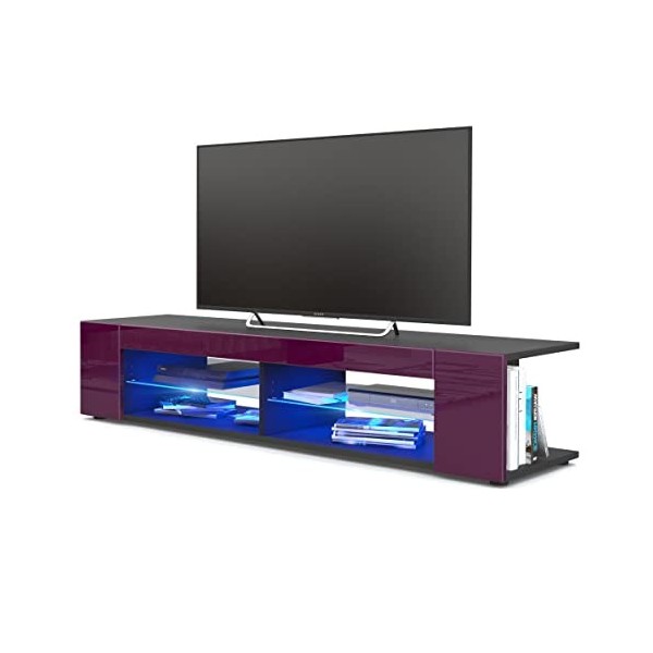 Vladon Buffet Bas Movie, Meuble TV avec 4 Compartiments Ouverts et placages décoratifs, Noir Mat/Bordeaux Haute Brillance 13