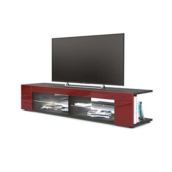 Vladon Buffet Bas Movie, Meuble TV avec 4 Compartiments Ouverts et placages décoratifs, Noir Mat/Bordeaux Haute Brillance 13
