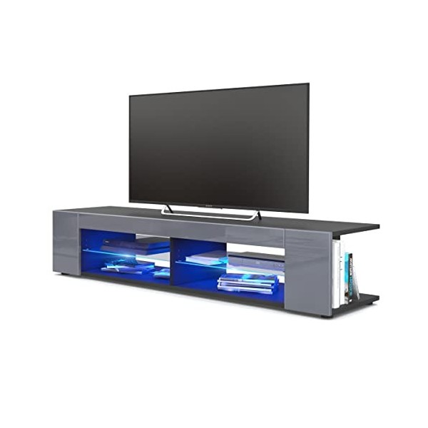 Vladon Buffet Bas Movie, Meuble TV avec 4 Compartiments Ouverts et placages décoratifs, Noir Mat/Bordeaux Haute Brillance 13