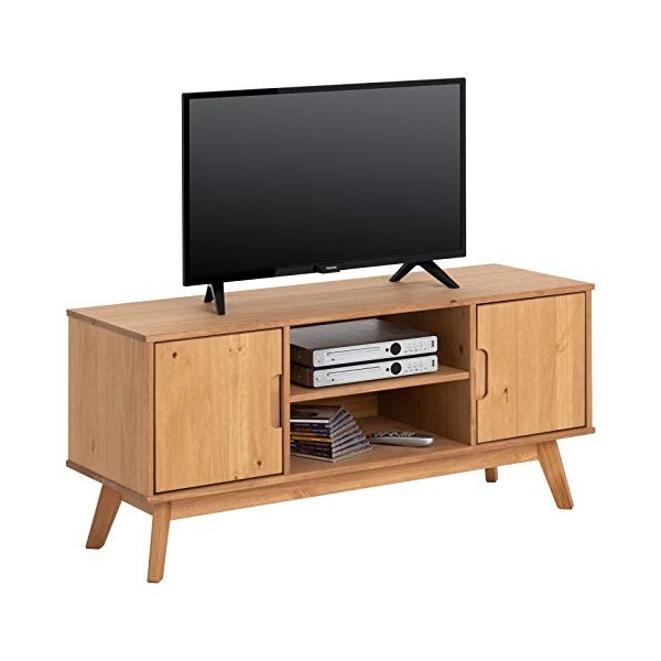 IDIMEX Meuble TV Tivoli Banc télé de 114 cm au Style scandinave Design Vintage Nordique avec 2 Portes et 2 niches, en pin Mas