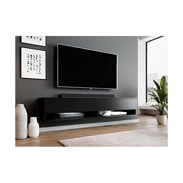 Furnix Alyx - Meuble TV bas - 180 x 34 x 32 cm l x H x P - Avec éclairage LED - 2 compartiments avec porte « Push Click », 
