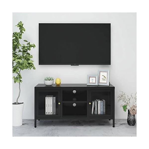 Camerina Meuble TV Noir 105x35x52 cm Acier et Verre,Meuble TV,Table Basse Salon Meuble TV,Table Basse LED Couleurs