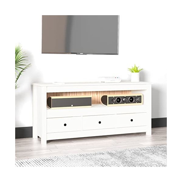 ZEYUAN Meuble TV Blanc 114x35x52 cm Bois de pin Massif,Meuble TV,Meuble TV Moderne,Meuble de Salon