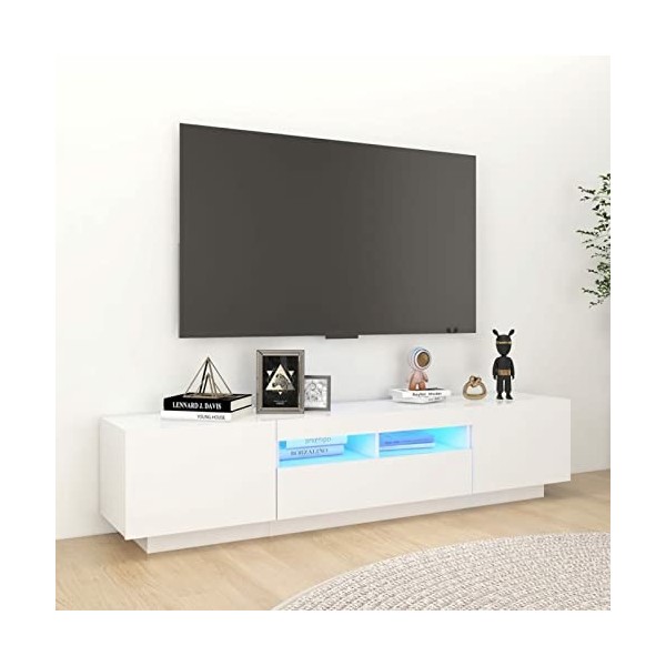 ZEYUAN Meuble TV avec lumières LED Blanc 180x35x40 cm,Meuble Bas Salon,Meubles De Salon TV,Meuble TV Longueur