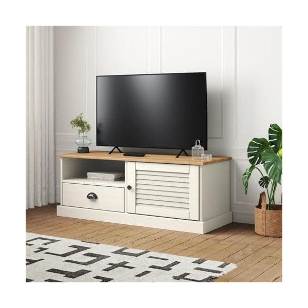 heybb Meuble TV Vigo Blanc 106x40x40 cm Bois Massif de pin,Meuble TV,Table Basse Salon Meuble TV,Table Basse LED Couleurs