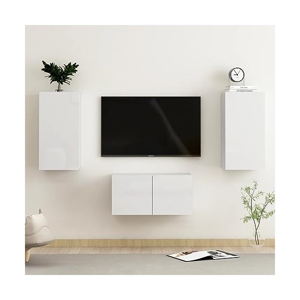 Camerina Ensemble de Meubles TV 3 pcs Blanc Brillant Aggloméré,Meuble TV,Table Basse Salon Meuble TV,Table Basse LED Couleurs