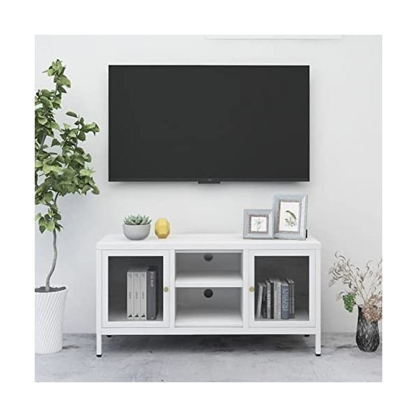 Camerina Meuble TV Blanc 105x35x52 cm Acier et Verre,Meuble TV,Table Basse Salon Meuble TV,Table Basse LED Couleurs