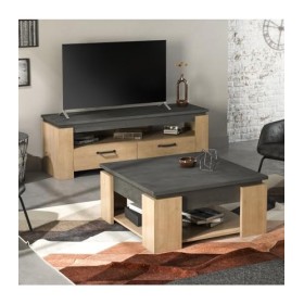 Demeyere Meuble TV 2 Tiroirs-Décor Chêne et Gris Anthracite-Fabrication Française-Style Contemporain-pour Salon-L140 l42 H47 