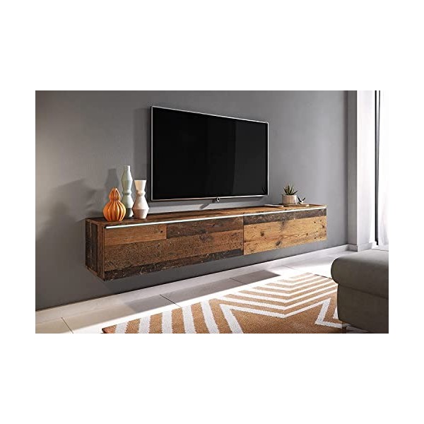 Meuble TV Lowboard D 180 cm, meuble TV, meuble TV flottant, couleur bois Old Style, éclairage LED en option sans éclairage L