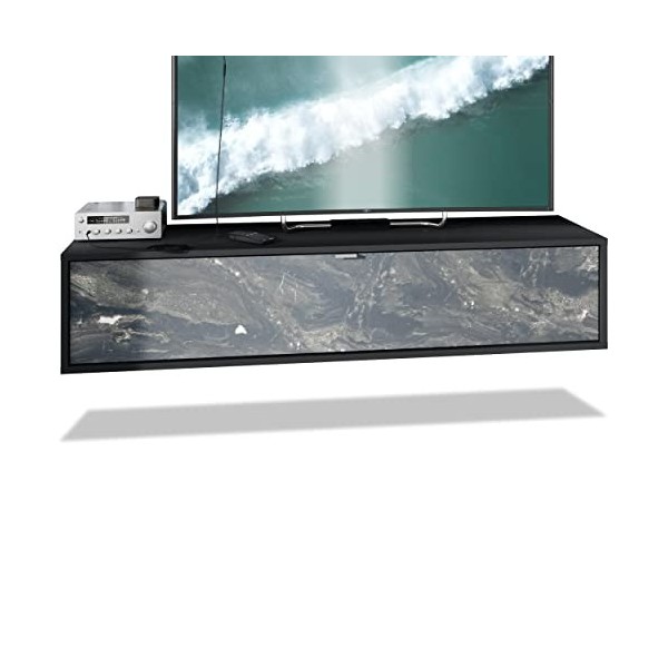 Vladon Meuble TV Lana 140 Armoire Murale lowboard 140 x 29 x 37 cm, Caisson en Noir Mat, façades en marbre Graphite | Grand C