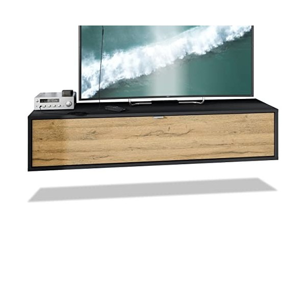 Vladon Meuble TV Lana 140 Armoire Murale lowboard 140 x 29 x 37 cm, Caisson en Noir Mat, façades en marbre Graphite | Grand C