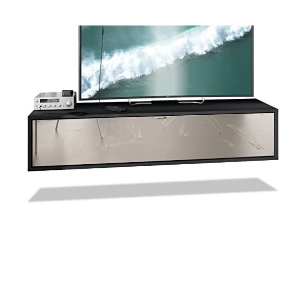 Vladon Meuble TV Lana 140 Armoire Murale lowboard 140 x 29 x 37 cm, Caisson en Noir Mat, façades en marbre Graphite | Grand C