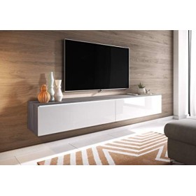 Meuble TV LOWBOARD D 180 cm, support téléviseur, meuble TV suspendu, blanc, béton Bodega / Blanc brillant 