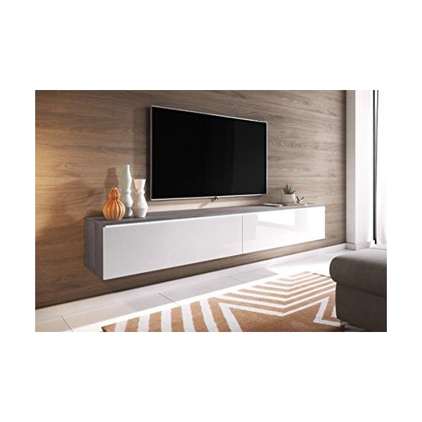 Meuble TV LOWBOARD D 180 cm, support téléviseur, meuble TV suspendu, blanc, béton Bodega / Blanc brillant 