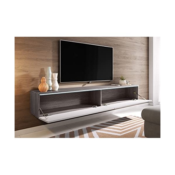 Meuble TV LOWBOARD D 180 cm, support téléviseur, meuble TV suspendu, blanc, béton Bodega / Blanc brillant 