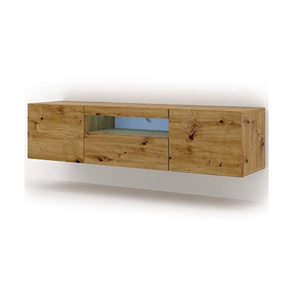 Aura - Armoire basse Hi-Fi pour TV - 150 cm - Universelle - À suspendre ou à poser - Avec LED - Blanc mat