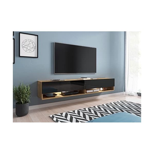PIASKI Meuble TV Lowboard A 180 cm, meuble TV, couleur noire Wotan, éclairage LED en option sans éclairage LED , Noir