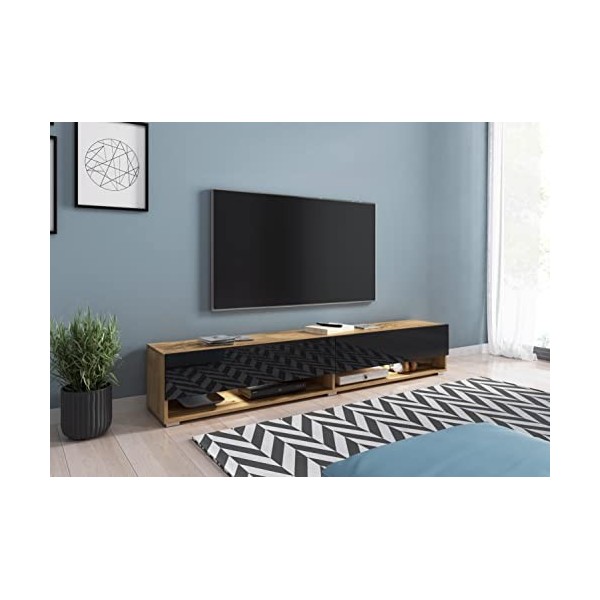 PIASKI Meuble TV Lowboard A 180 cm, meuble TV, couleur noire Wotan, éclairage LED en option sans éclairage LED , Noir