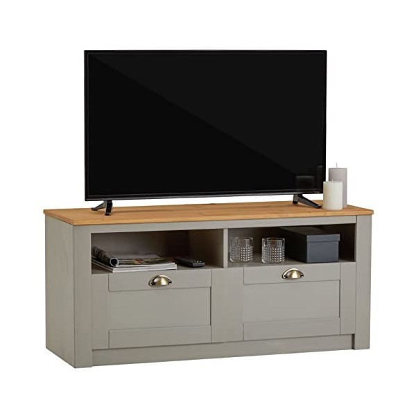 IDIMEX Meuble TV Bolton 2 tiroirs et 2 niches de Rangement, Meuble télé Design Campagne en pin Massif Gris et Brun, dim 110x5