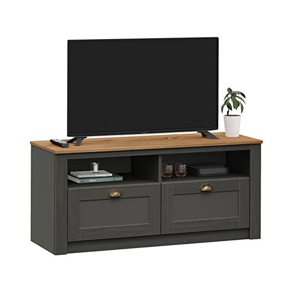 IDIMEX Meuble TV Bolton 2 tiroirs et 2 niches de Rangement, Meuble télé Design Campagne en pin Massif Gris et Brun, dim 110x5