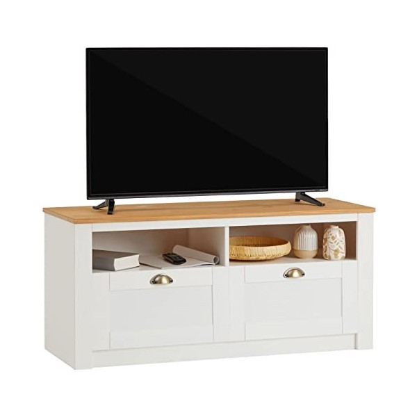 IDIMEX Meuble TV Bolton 2 tiroirs et 2 niches de Rangement, Meuble télé Design Campagne en pin Massif Gris et Brun, dim 110x5